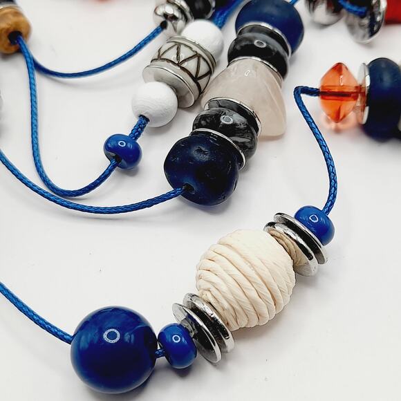 Chico’s Three Strand Beaded Necklace NWOT Blue Red White Multi Color Statement - Picture 11 of 12